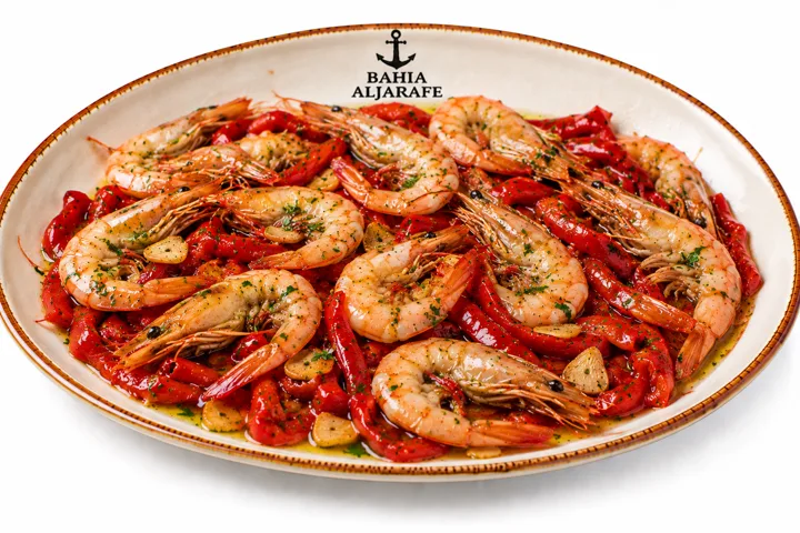 Gambas cristal con pimientos asados